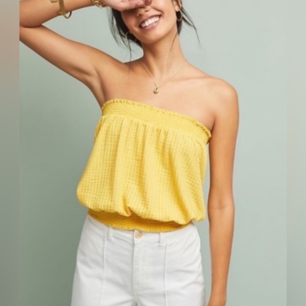 Anthropologie Yellow seersucker strapless top, size medium